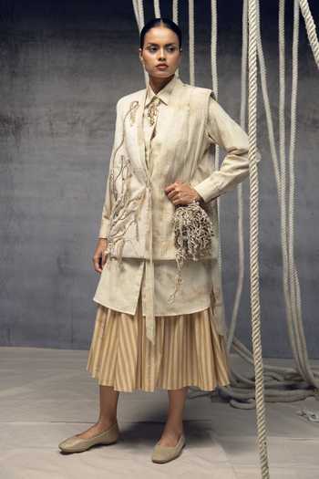 Buy_Kritika Murarka_Ivory Silk, , Handloom Shawl Neck Jute Embroidered Kimono Jacket _Online_at_Aza_Fashions