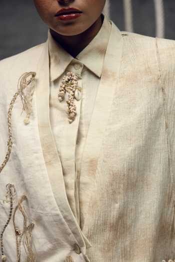 Shop_Kritika Murarka_Ivory Silk, , Handloom Shawl Neck Jute Embroidered Kimono Jacket _Online_at_Aza_Fashions