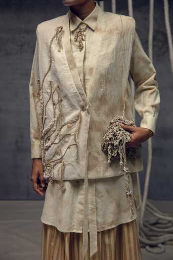 Kritika Murarka_Ivory Silk, , Handloom Shawl Neck Jute Embroidered Kimono Jacket _at_Aza_Fashions