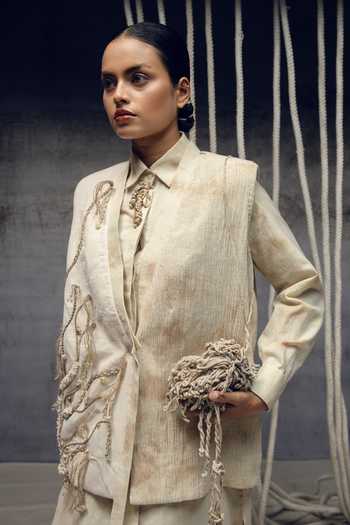 Buy_Kritika Murarka_Ivory Silk, , Handloom Shawl Neck Jute Embroidered Kimono Jacket 