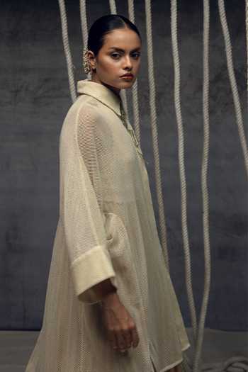 Kritika Murarka Ivory Cotton, Mesh Collared Shirt Dress Online at Aza Fashions Kritika Murarka_Ivory Cotton, Mesh Collared Shirt Dress _Online_at_Aza_Fashions