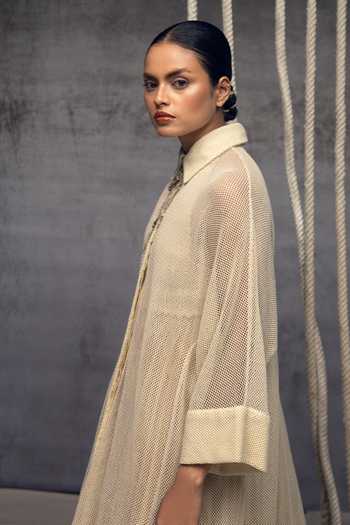 Buy Kritika Murarka Ivory Cotton, Mesh Collared Shirt Dress Online at Aza Fashions Buy_Kritika Murarka_Ivory Cotton, Mesh Collared Shirt Dress _Online_at_Aza_Fashions