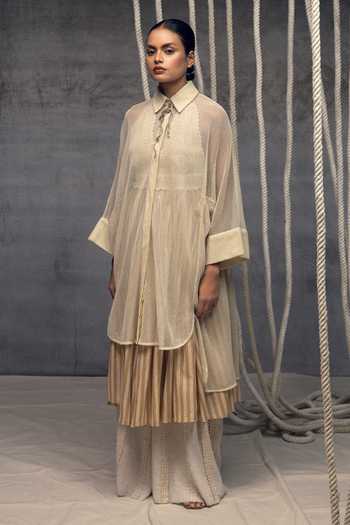 Shop Kritika Murarka Ivory Cotton, Mesh Collared Shirt Dress Online at Aza Fashions Shop_Kritika Murarka_Ivory Cotton, Mesh Collared Shirt Dress _Online_at_Aza_Fashions