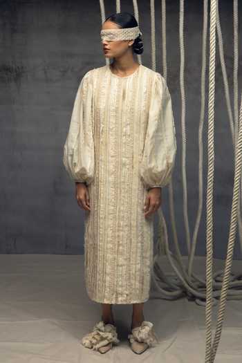 Kritika Murarka Ivory Silk Fringing Column Dress 