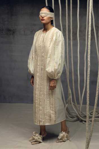 Kritika Murarka_Ivory Silk, Handloom Cotton Round Neck Fringing Column Dress _Online_at_Aza_Fashions