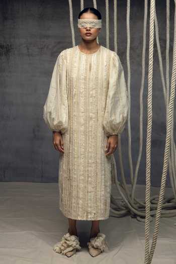 Buy_Kritika Murarka_Ivory Silk, Handloom Cotton Round Neck Fringing Column Dress _Online_at_Aza_Fashions