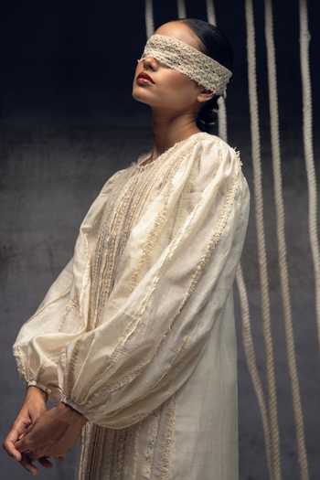 Shop_Kritika Murarka_Ivory Silk, Handloom Cotton Round Neck Fringing Column Dress _Online_at_Aza_Fashions