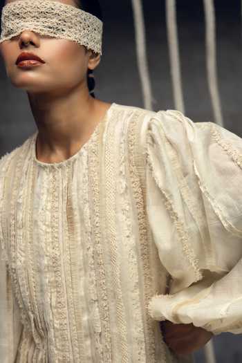 Kritika Murarka_Ivory Silk, Handloom Cotton Round Neck Fringing Column Dress _at_Aza_Fashions