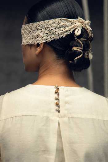 Buy_Kritika Murarka_Ivory Silk, Handloom Cotton Round Neck Fringing Column Dress 