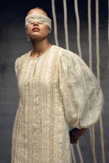 Shop_Kritika Murarka_Ivory Silk, Handloom Cotton Round Neck Fringing Column Dress 