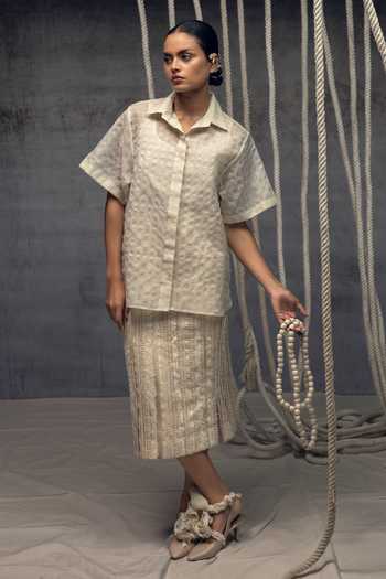 Kritika Murarka_Ivory Silk, Handloom Cotton Collared Checkered Shirt _Online_at_Aza_Fashions