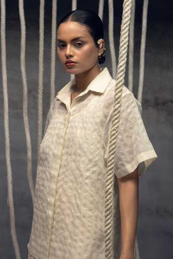 Shop_Kritika Murarka_Ivory Silk, Handloom Cotton Collared Checkered Shirt _Online_at_Aza_Fashions