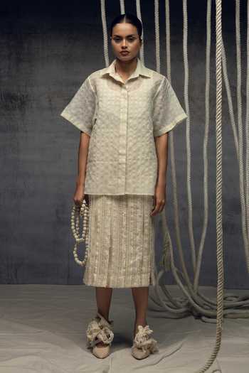 Kritika Murarka_Ivory Silk, Handloom Cotton Collared Checkered Shirt _at_Aza_Fashions