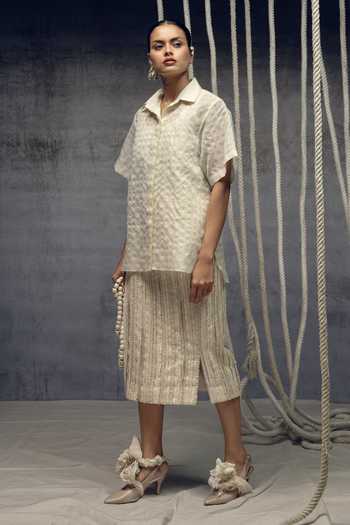 Kritika Murarka_Ivory Silk Fringing Skirt _Online_at_Aza_Fashions