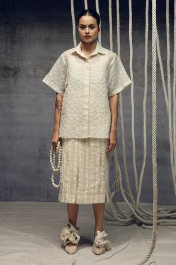 Shop_Kritika Murarka_Ivory Silk Fringing Skirt _Online_at_Aza_Fashions