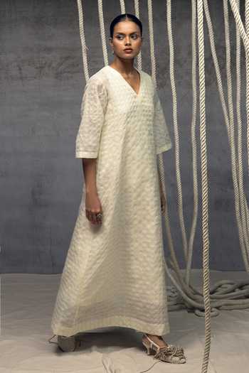 Shop_Kritika Murarka_Ivory Silk V-neck Checkered Pattern Dress _Online_at_Aza_Fashions