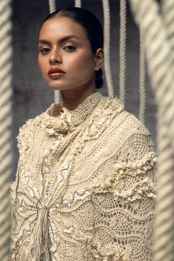 Kritika Murarka_Ivory Crochet Lace Embroidered Cape _Online_at_Aza_Fashions