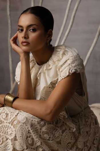 Kritika Murarka_Ivory Cotton Keyhole Neck Flounce Crushed Top _Online_at_Aza_Fashions