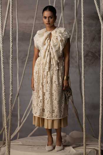 Buy_Kritika Murarka_Ivory Cotton, Lace Stripe Pattern Layered Skirt _Online_at_Aza_Fashions