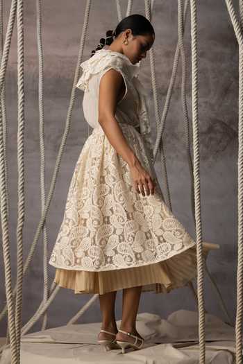 Shop_Kritika Murarka_Ivory Cotton, Lace Stripe Pattern Layered Skirt _Online_at_Aza_Fashions