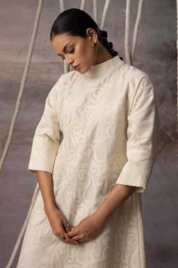 Kritika Murarka_Ivory Silk, Chanderi Cotton High Neck Applique Work A-line Dress _Online_at_Aza_Fashions