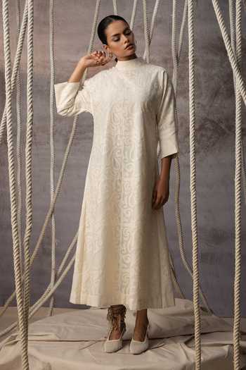 Buy_Kritika Murarka_Ivory Silk, Chanderi Cotton High Neck Applique Work A-line Dress _Online_at_Aza_Fashions