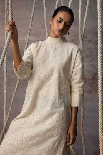 Shop_Kritika Murarka_Ivory Silk, Chanderi Cotton High Neck Applique Work A-line Dress _Online_at_Aza_Fashions
