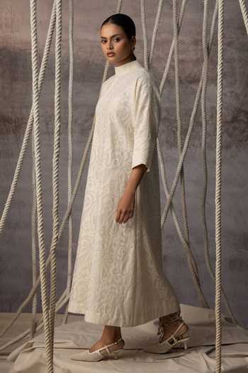 Kritika Murarka_Ivory Silk, Chanderi Cotton High Neck Applique Work A-line Dress _at_Aza_Fashions