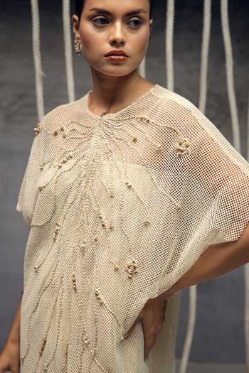 Kritika Murarka_Ivory Cotton, Mesh Round Neck Open Embroidered Kaftan _Online_at_Aza_Fashions