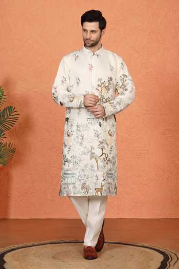 Buy_Aham-Vayam_Off White Cotton Forest Landscape Print Kurta Set _Online_at_Aza_Fashions