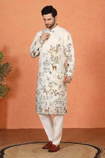 Aham-Vayam_Off White Cotton Forest Landscape Print Kurta Set _at_Aza_Fashions