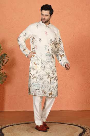 Shop_Aham-Vayam_Off White Cotton Forest Landscape Print Kurta Set 