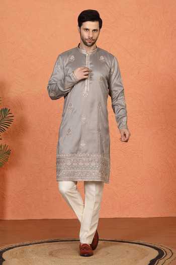 Buy_Aham-Vayam_Grey Cotton Embroidered Kurta And Pant Set _Online_at_Aza_Fashions