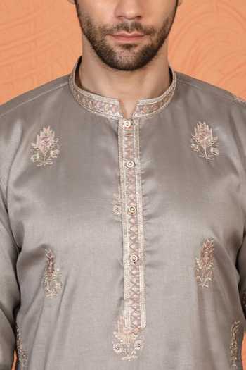 Shop_Aham-Vayam_Grey Cotton Embroidered Kurta And Pant Set _Online_at_Aza_Fashions
