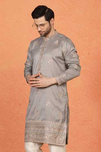 Buy_Aham-Vayam_Grey Cotton Embroidered Kurta And Pant Set 