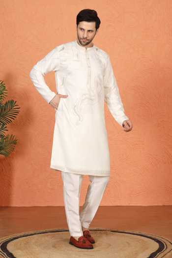 Buy_Aham-Vayam_Off White Cotton Embroidered Kurta Set _Online_at_Aza_Fashions