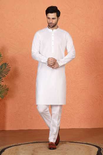 Aham-Vayam_White Cotton, Linen Kurta And Pant Set _Online_at_Aza_Fashions