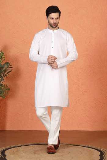Buy_Aham-Vayam_White Cotton Plain Kurta And Pant Set _Online_at_Aza_Fashions