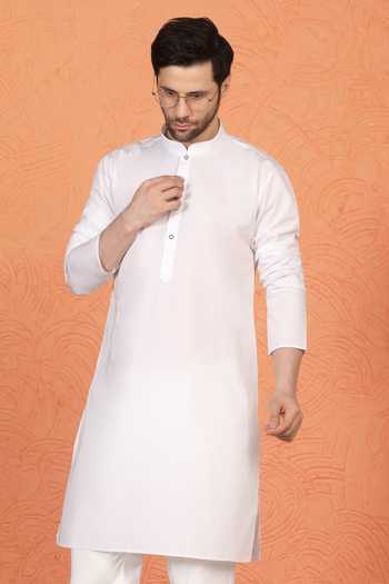 Shop_Aham-Vayam_White Cotton Plain Kurta And Pant Set _Online_at_Aza_Fashions