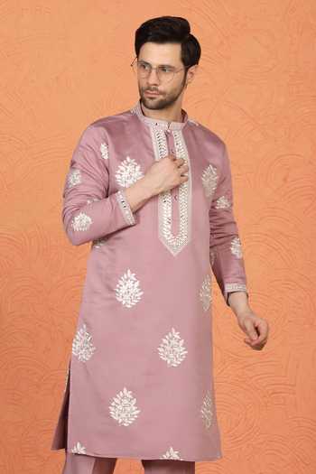 Shop_Aham-Vayam_Pink Silk, Cotton Embroidered Kurta And Pant Set _Online_at_Aza_Fashions