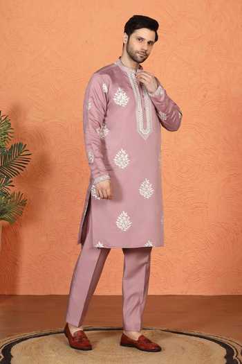 Aham-Vayam_Pink Silk, Cotton Embroidered Kurta And Pant Set _at_Aza_Fashions
