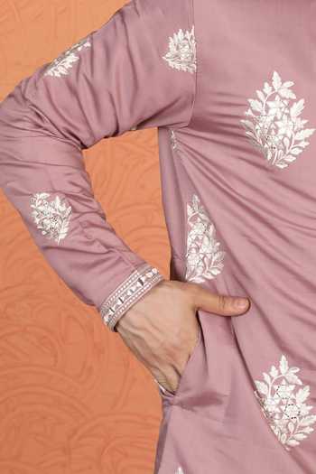 Shop_Aham-Vayam_Pink Silk, Cotton Embroidered Kurta And Pant Set 