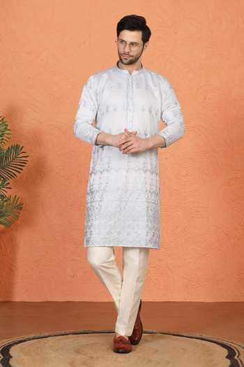 Buy Aham-Vayam Blue Cotton Embroidered Kurta And Pant Set Buy_Aham-Vayam_Blue Cotton Embroidered Kurta And Pant Set