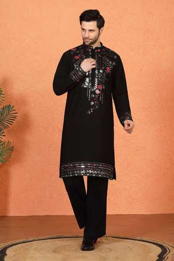Aham-Vayam Black Silk, Cotton Embroidered Kurta Set at Aza Fashions Aham-Vayam_Black Silk, Cotton Embroidered Kurta Set _at_Aza_Fashions
