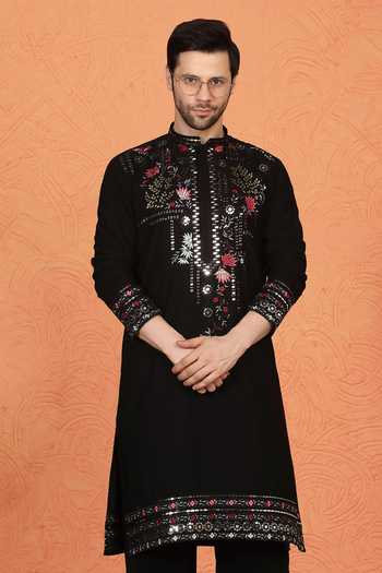 Buy Aham-Vayam Black Silk, Cotton Embroidered Kurta Set Buy_Aham-Vayam_Black Silk, Cotton Embroidered Kurta Set