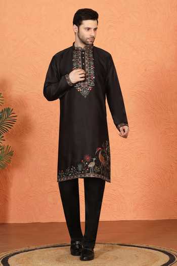 Buy_Aham-Vayam_Black Silk, Cotton Kurta And Pant Set _Online_at_Aza_Fashions