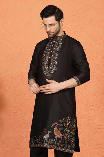 Shop_Aham-Vayam_Black Silk, Cotton Kurta And Pant Set _Online_at_Aza_Fashions