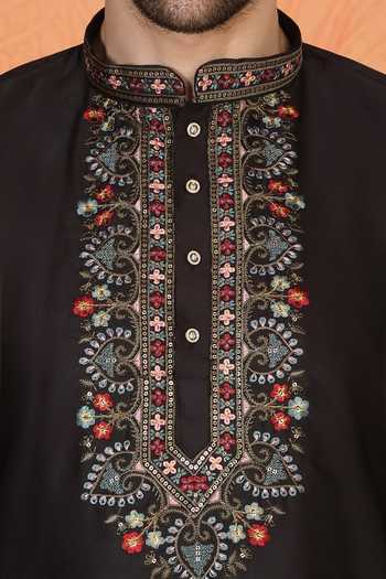 Aham-Vayam_Black Silk, Cotton Kurta And Pant Set _at_Aza_Fashions