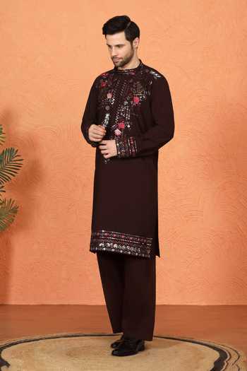 Buy_Aham-Vayam_Maroon Silk, Cotton Embroidered Kurta Set _Online_at_Aza_Fashions