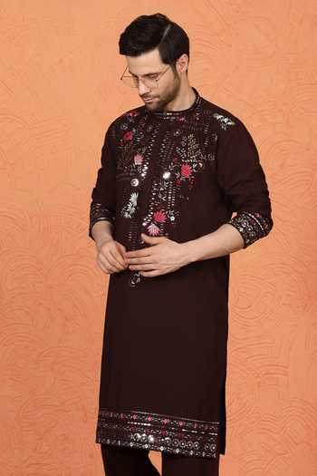 Shop_Aham-Vayam_Maroon Silk, Cotton Embroidered Kurta Set _Online_at_Aza_Fashions